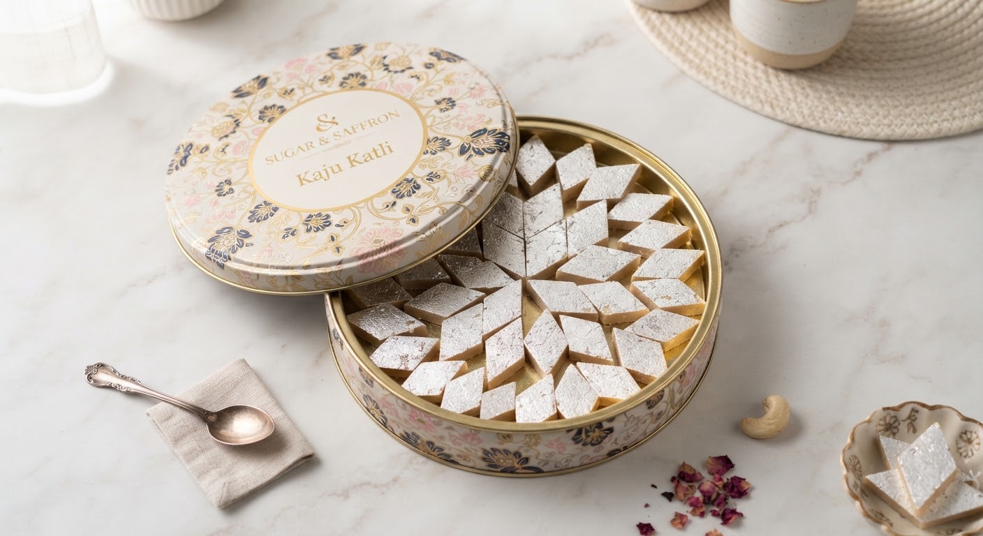 Kaju Katli Tin 500g — Silver-leafed cashew diamonds