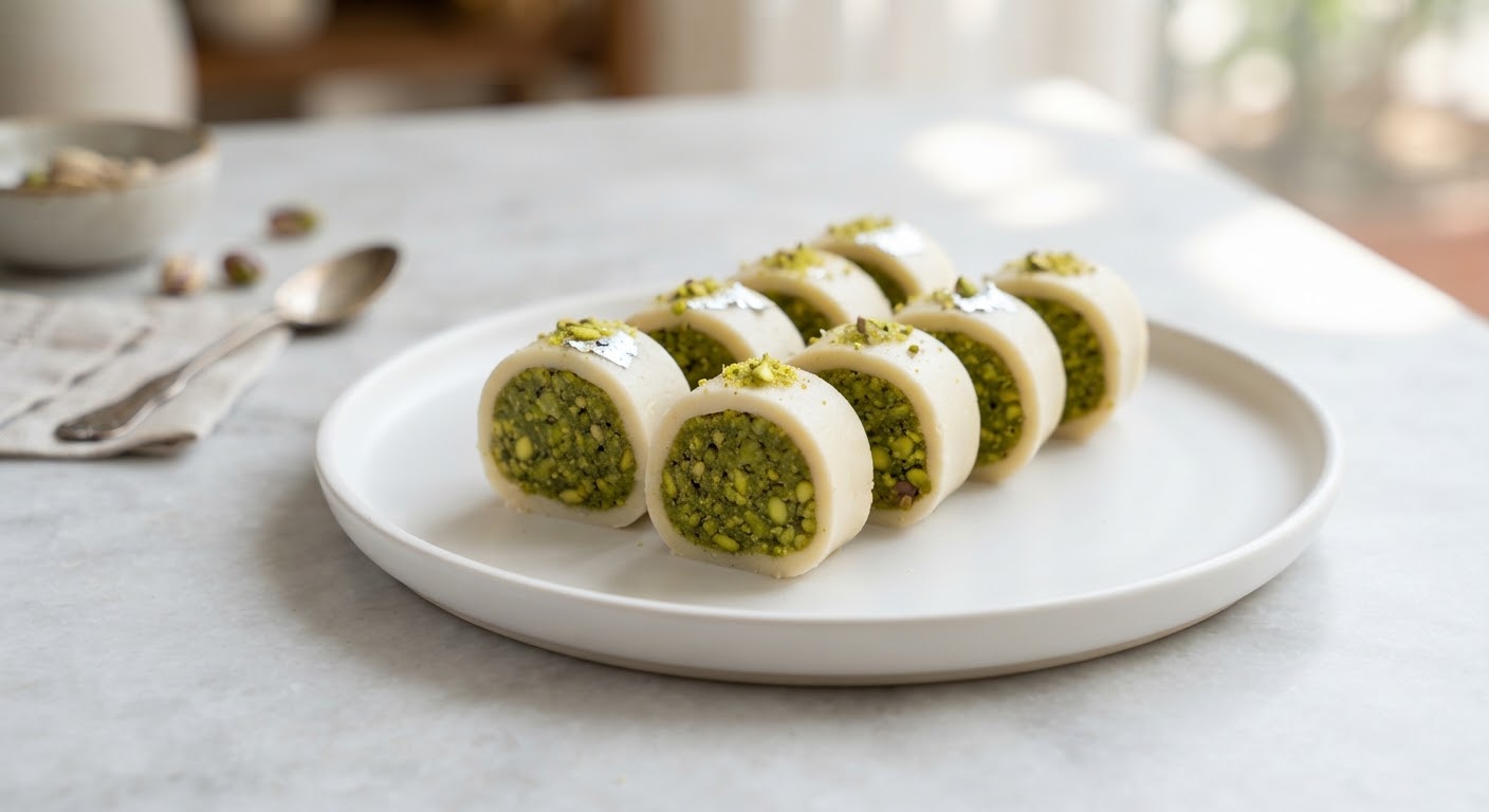 Premium Pista Rolls — Pistachio-filled kaju rolls