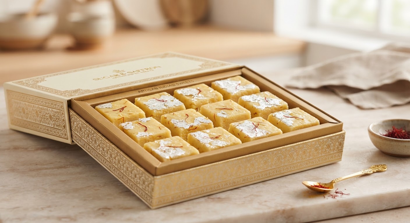 Saffron Barfi Box 1kg — Saffron & silver-leaf barfi
